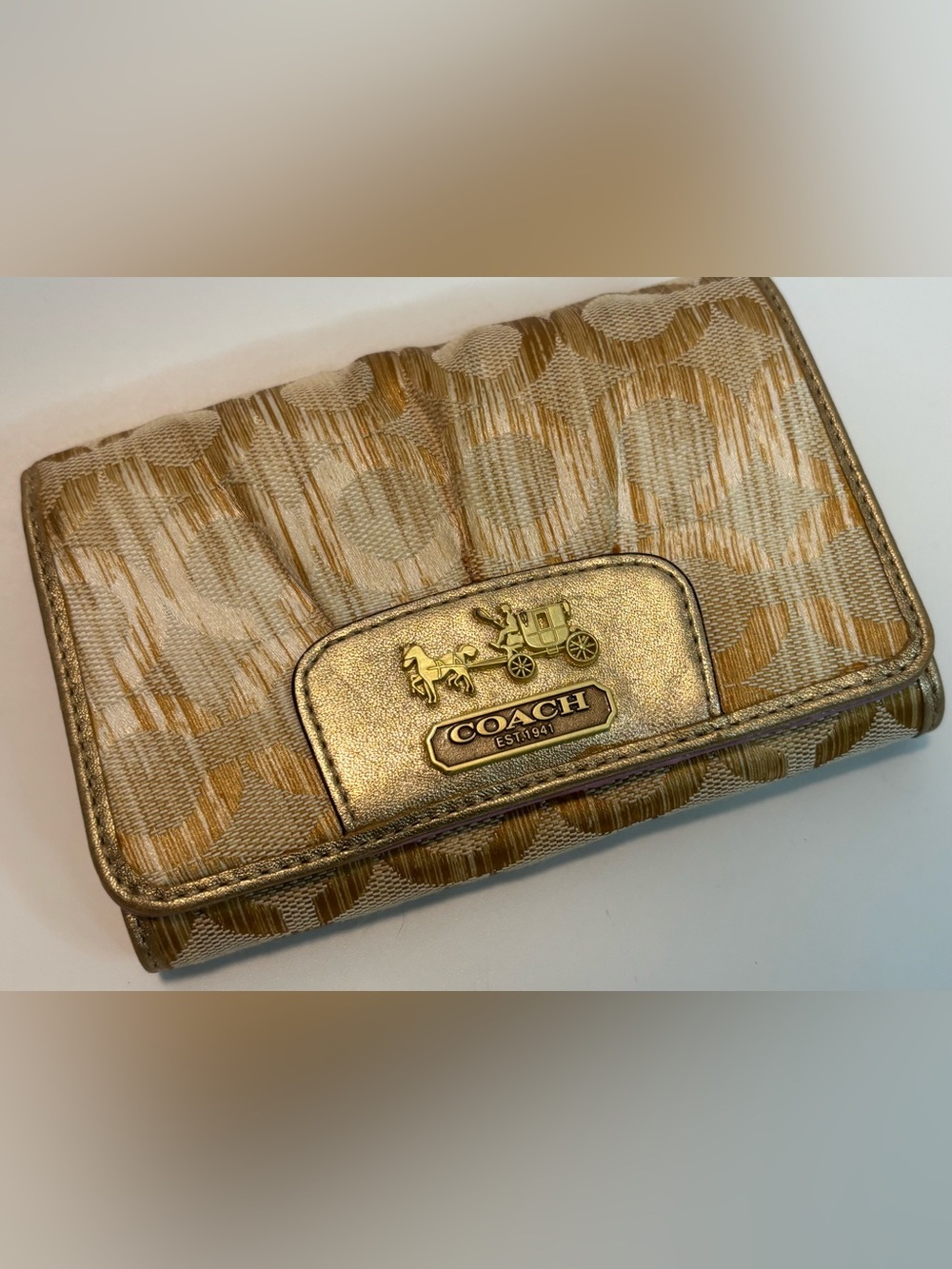 COACH ($211) Gold Signature Op Art Canvas Compact Wallet AUTHENTIC